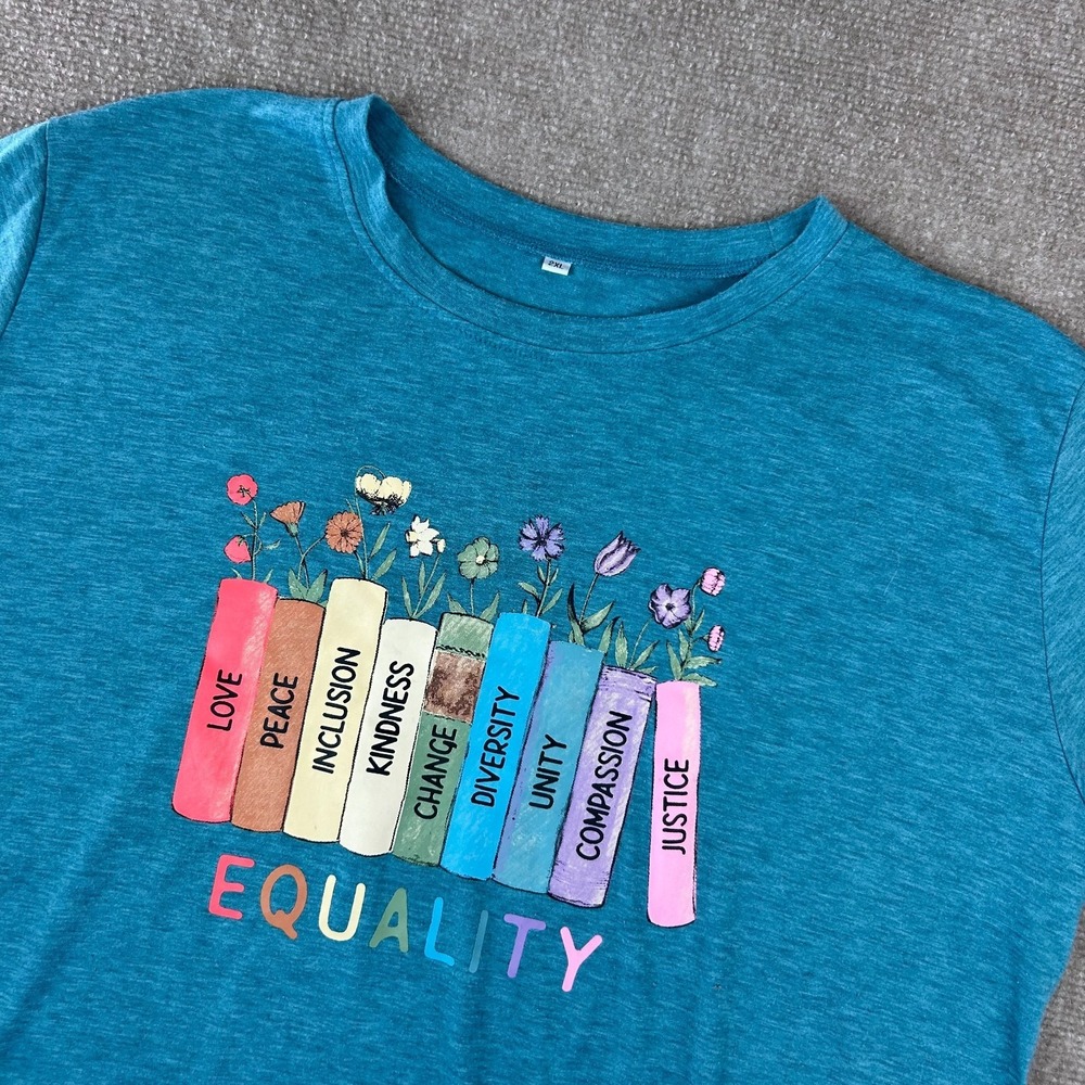 Womens T Shirt 2XL Heathered Blue Floral Book Equality Graphic Print Stretch Top